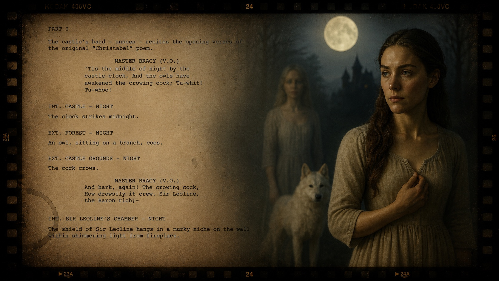 A page of the Christabel screenplay presented as a 35mm film frame: aged script pages on the left, and on the right Christabel before a moonlit castle, a white wolf at her side and a pale figure behind her.