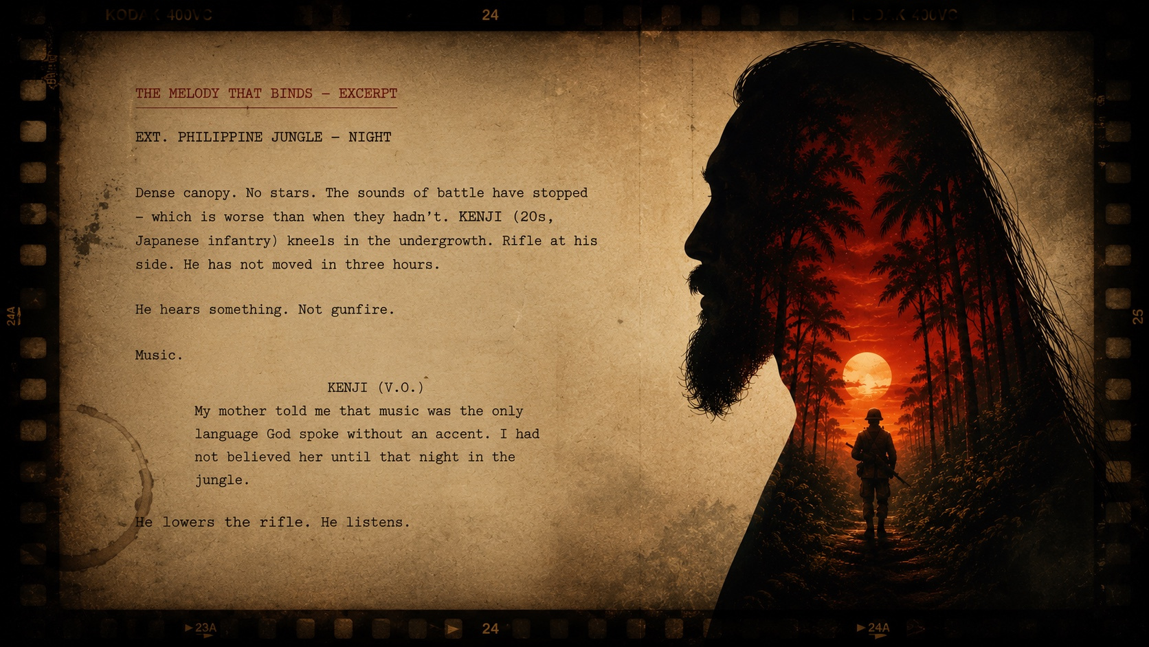 A page of the screenplay presented as a 35mm film frame: aged script pages on the left, and on the right the silhouetted profile of a bearded soldier, its interior a double exposure of a Philippine jungle at red sunset with a lone infantryman walking a jungle path.